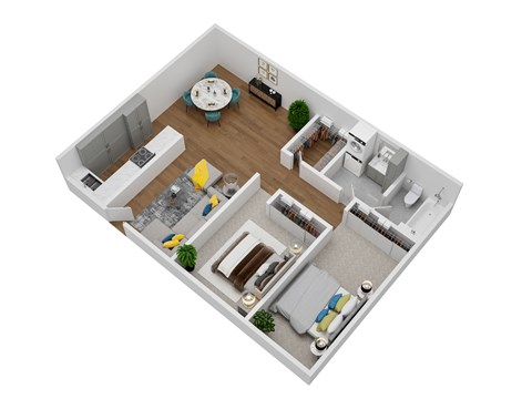 A 3D floor plan of a house with a living room, dining room, kitchen, and two bedrooms.